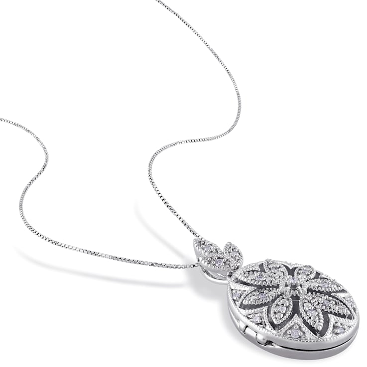 1/10 CT TW Diamond Floral Locket Pendant with Chain in Sterling Silver