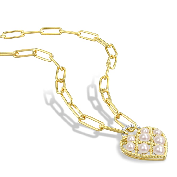 3.5-5MM Freshwater Cultured Pearl and Diamond Accent Heart Pendant in
Yellow Plated Sterling Silver