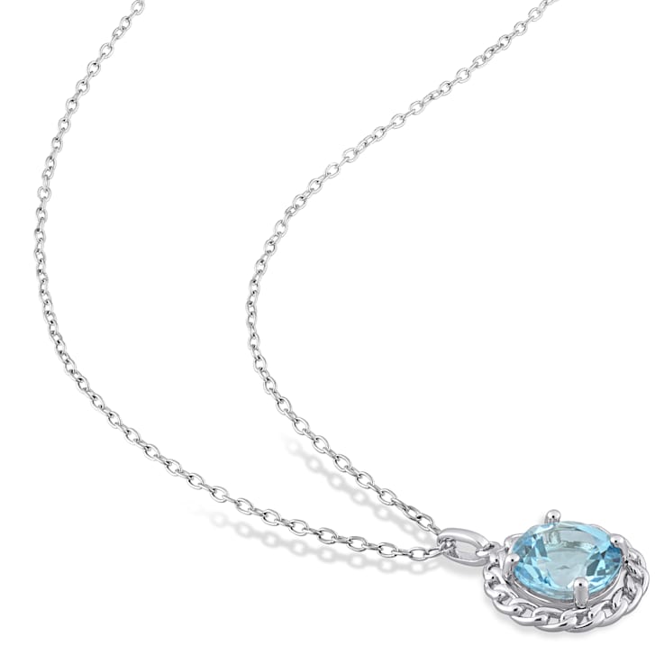 3 1/2 CT TGW Sky Blue Topaz Halo Pendant with Chain in Sterling Silver