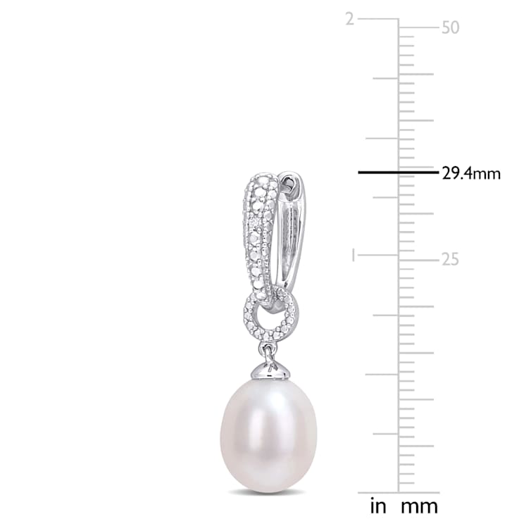 8-8.5 MM Freshwater Cultured Pearl and Diamond Accent Drop Hoop Earrings
in Sterling Silver