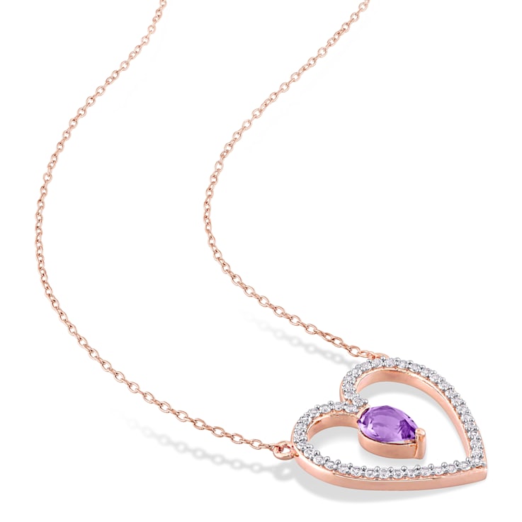 1 1/8 CT TGW Amethyst and White Topaz Open Heart Pendant with Chain in
Rose Plated Sterling Silver