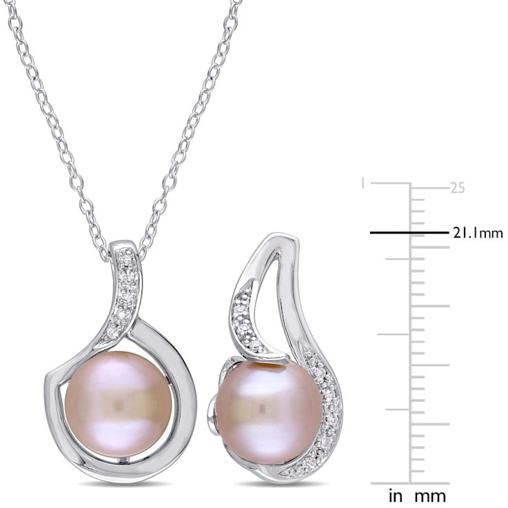 9-9.5MM Pink Freshwater Cultured Pearl & Diamond Earrings &
Pendant Set in Sterling Silver