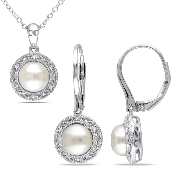 7.5-8MM Freshwater Cultured Pearl and 1/10 CT TW Diamond Earrings and
Pendant Set in Sterling Silver