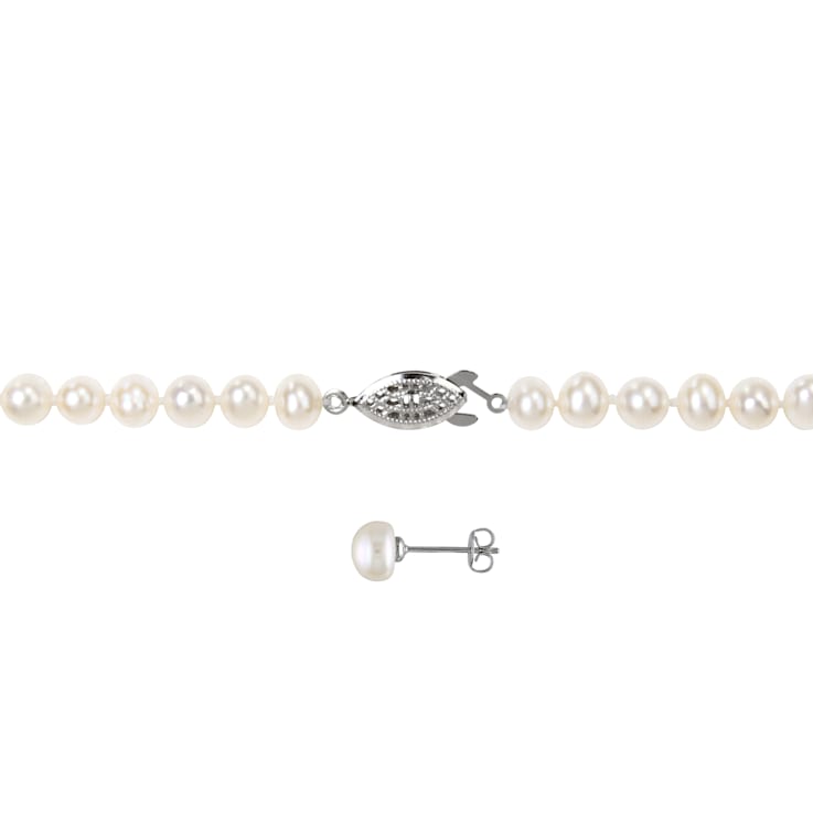 6-7MM Freshwater Cultured Pearl Bracelet, Necklace, and Earrings Set in Brass