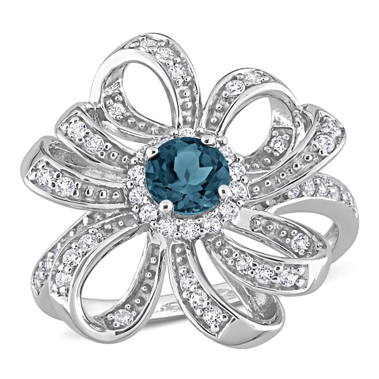 1 CT TGW London Blue and White Topaz Flower Cocktail Ring in Sterling Silver
