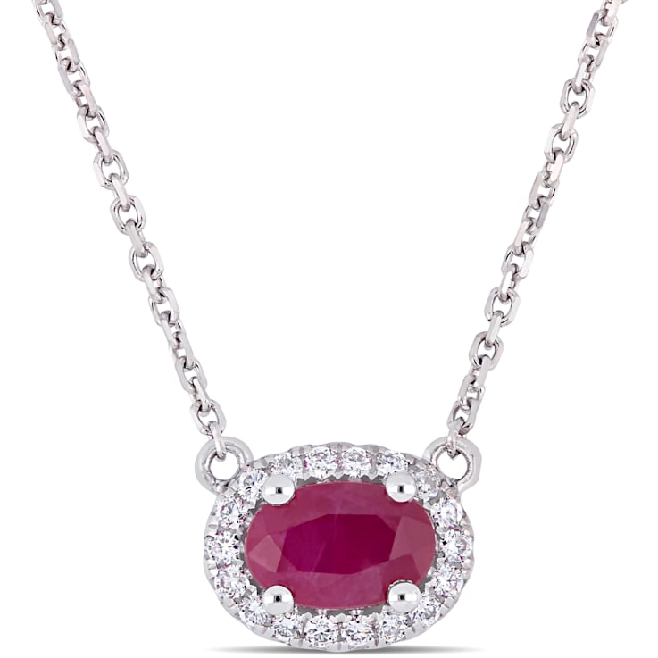 3/5 CT TGW Ruby and 1/10 CT TW Diamond Halo Necklace in 14K White Gold