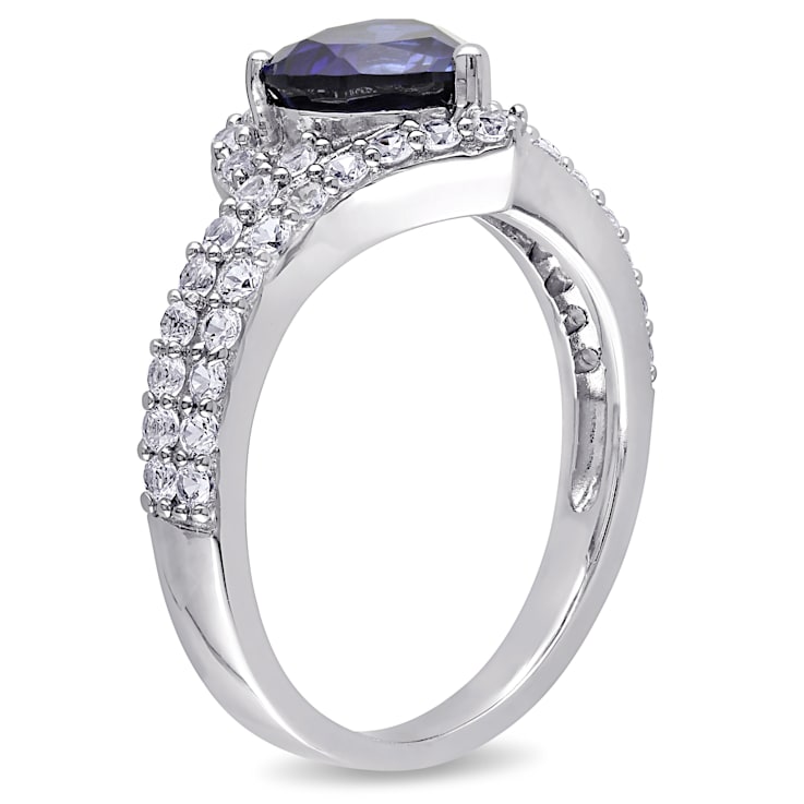 2 3/4 CT TGW Created Blue and Created White Sapphire Heart Halo Double
Row Ring in Sterling Silver