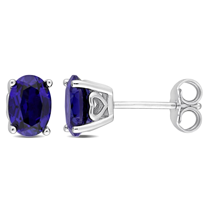 2 1/2 CT TGW Oval Created Blue Sapphire Stud Earrings in Sterling Silver