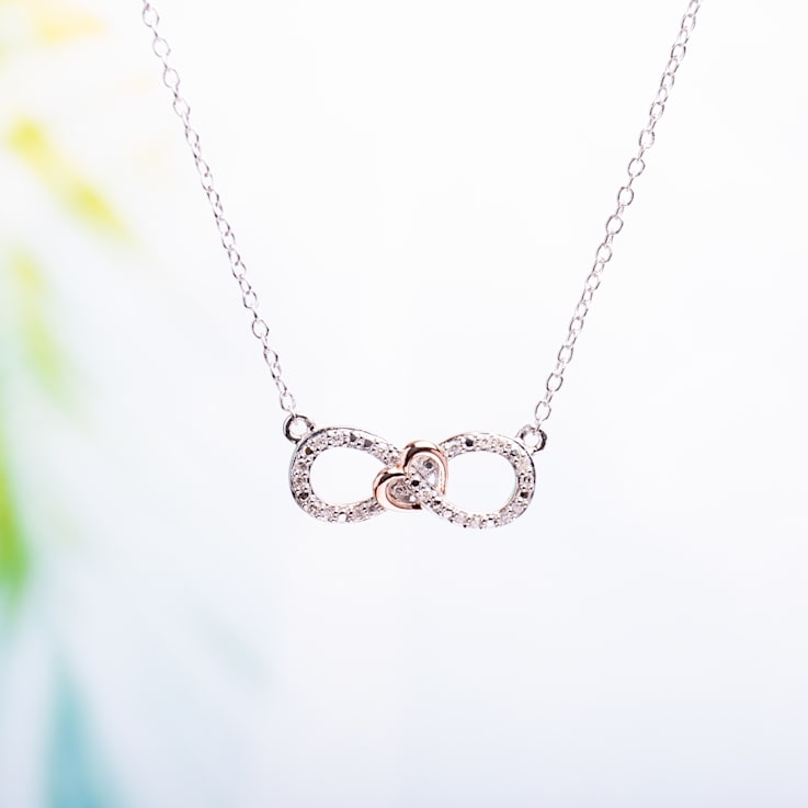 1/10 CT TW Diamond Infinity Heart Necklace in 2-Tone Pink and White
Sterling Silver