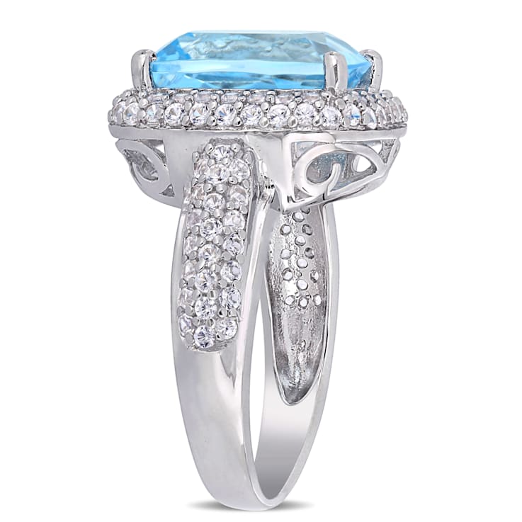 7 1/4 CT TGW Sky Blue Topaz and Created White Sapphire Double Halo Ring
in Sterling Silver