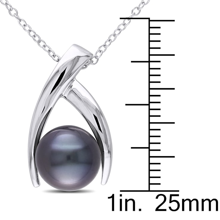 9.5-10MM Black Tahitian Cultured Pearl Crisscross Pendant with Chain in
Sterling Silver