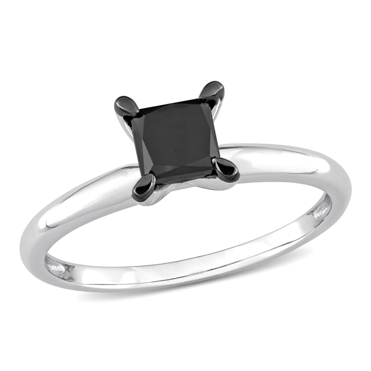 1 ct Black Diamond Solitaire Engagement Ring in 14K White Gold