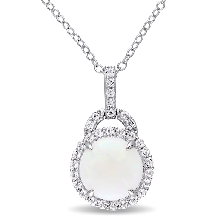 2 1/6 CT TGW Opal and White Topaz Halo Pendant With Chain in Sterling Silver