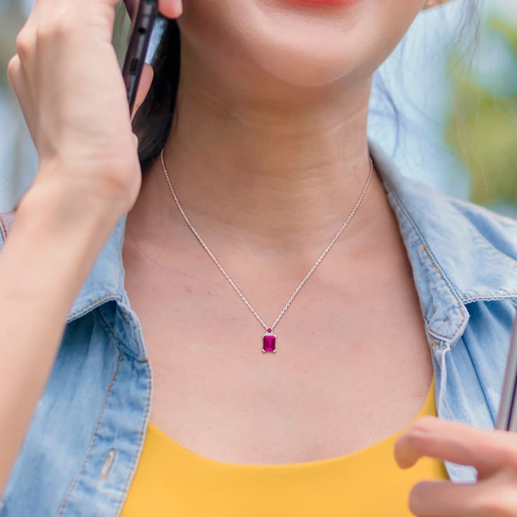 3 1/6 CT TGW Octagon Pink Topaz Trilliant Ruby and Diamond Accent
Necklace in Sterling Silver