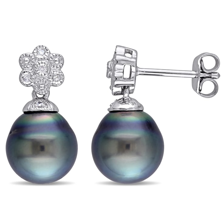 9.5-10 MM Black Tahitian Cultured Pearl and Diamond Accent Floral
Earrings in Sterling Silver
