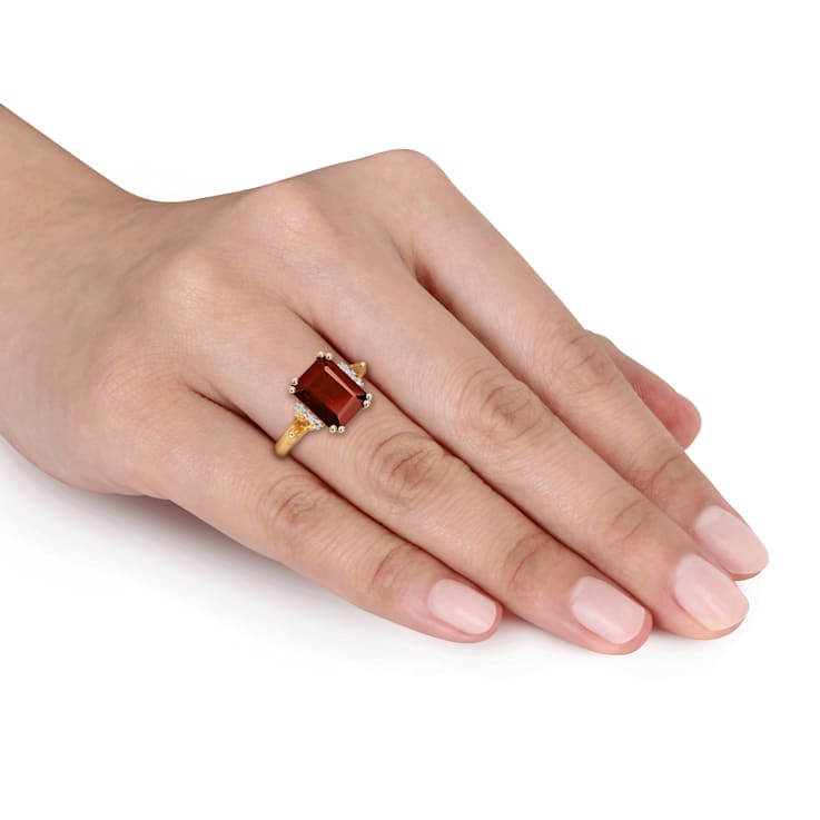 3 7/8 CTW Garnet, Citrine and  Diamond Ring in Yellow Plated Sterling Sillver