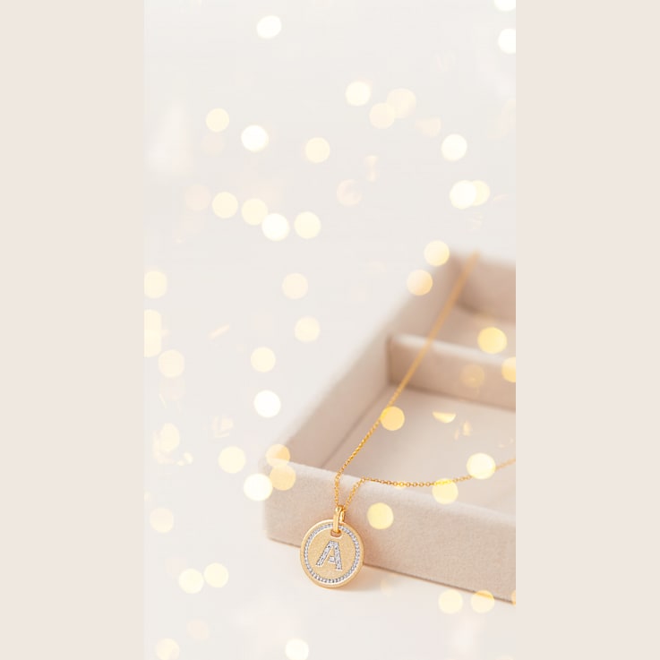 Diamond "A" Initial Pendant with Chain in 18K Yellow Gold Over
Sterling Silver