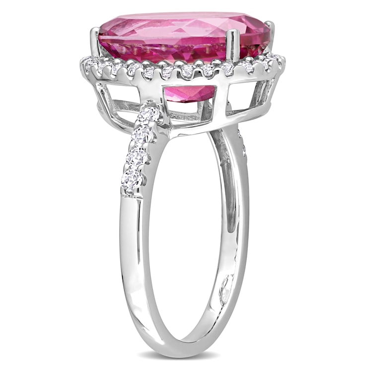 7 1/2 CT TGW Pink and White Topaz Halo Ring in 14K White Gold