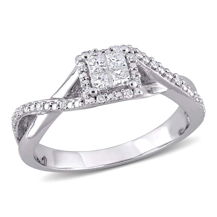1/4 CT TW Princess Cut and Round Diamond Halo Crisscross Engagement Ring
in Sterling Silver