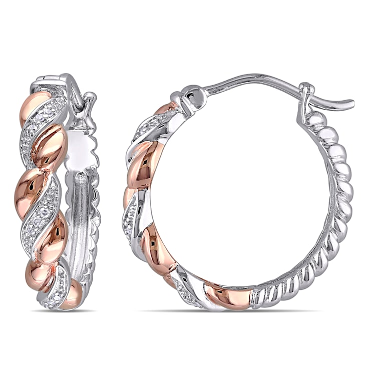 Diamond Accent Twist Hoop Earrings in 2-Tone Rose Gold and White
Sterling Silver