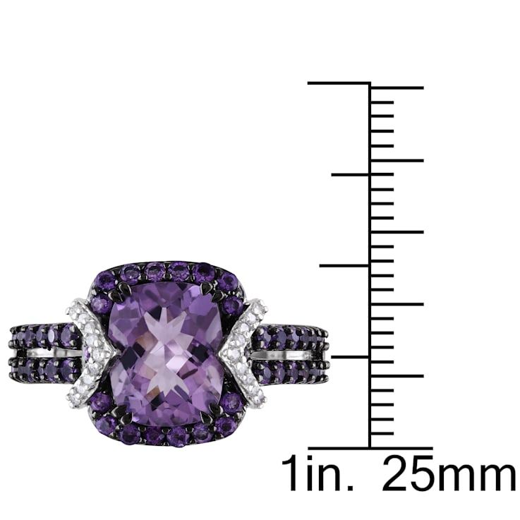 3 1/3 CT TGW Amethyst and  1/10 CT TW Diamond Halo Ring in Sterling
Silver with Black Rhodium