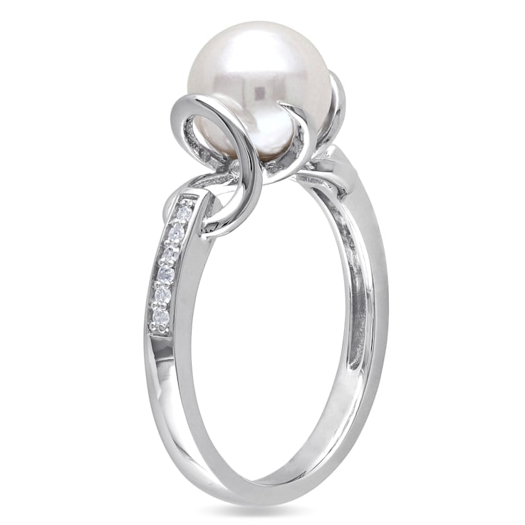8-8.5MM Freshwater Cultured Pearl and Diamond Twist Ring in Sterling Silver