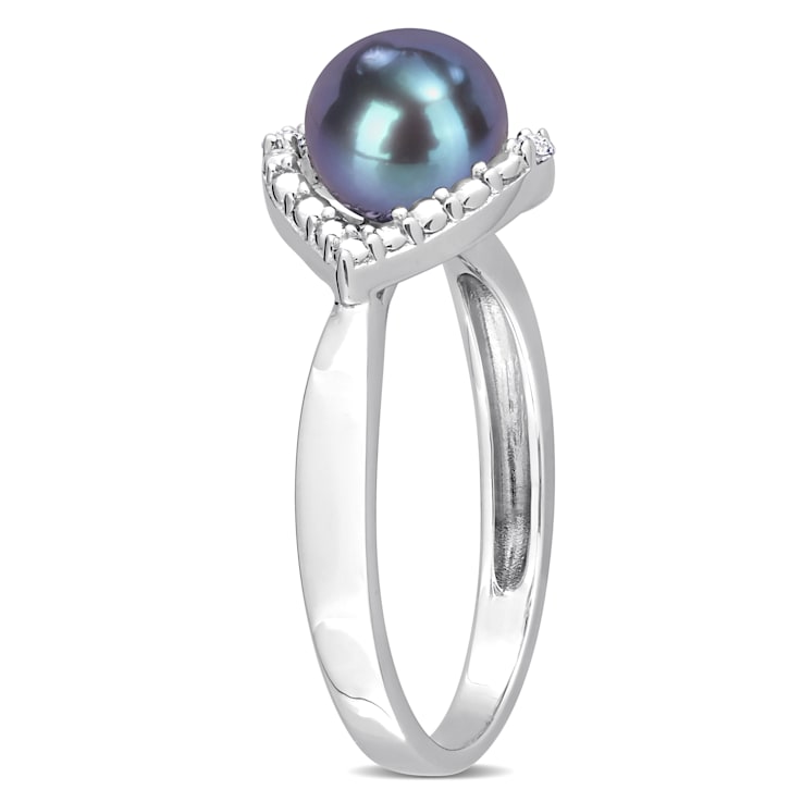 7-7.5MM Black Freshwater Cultured Pearl and White Topaz Halo Ring in
Sterling Silver