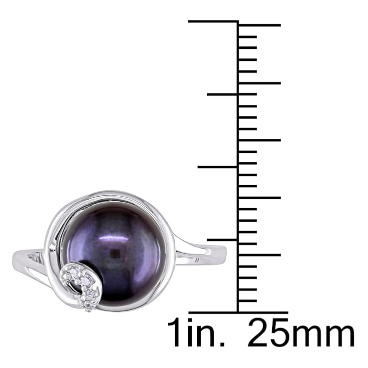 9-9.5MM Black Freshwater Cultured Pearl Ring with Diamonds in Sterling Silver
