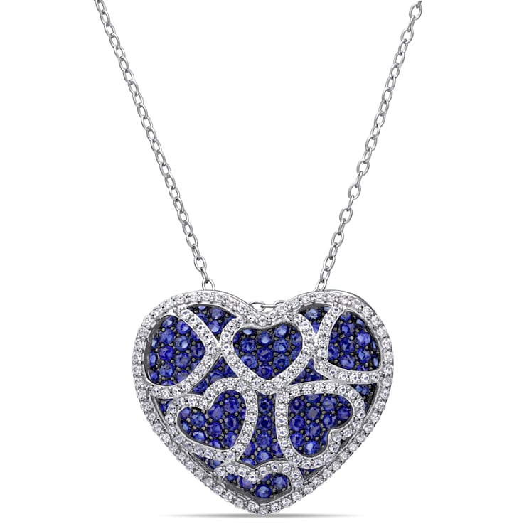 4 CT TGW Created Blue and Created White Sapphire Heart Cluster Necklace
in Sterling Silver