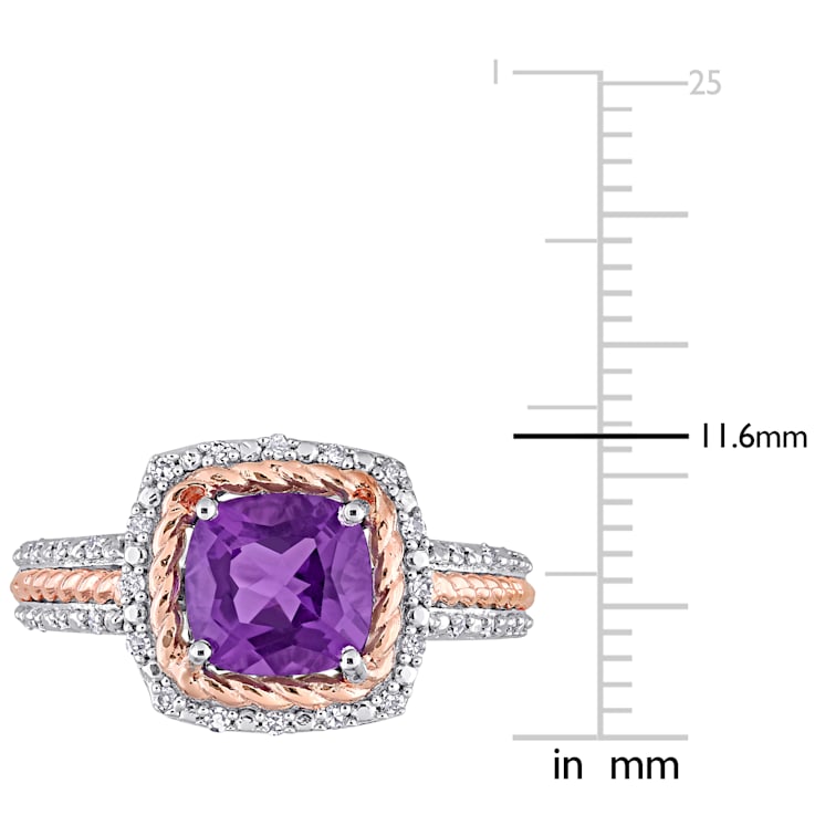 1 2/5 CT TGW Amethyst and 1/6 CT TDW Diamond Halo Ring in White and Rose
Plated Sterling Silver