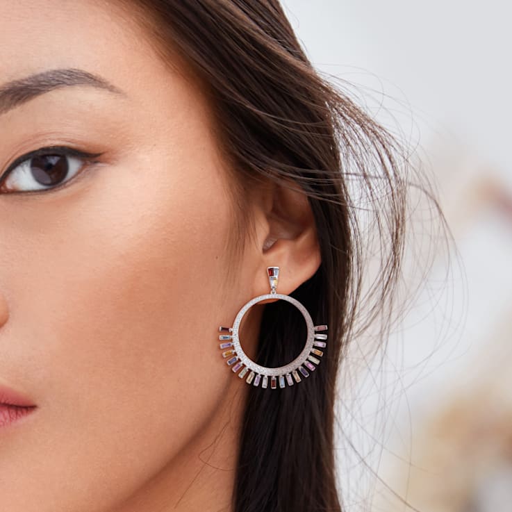 7 3/5 CT TGW Multi-Gemstone and 1 1/5 CT TW Diamond Dangle Earrings in
14K White Gold