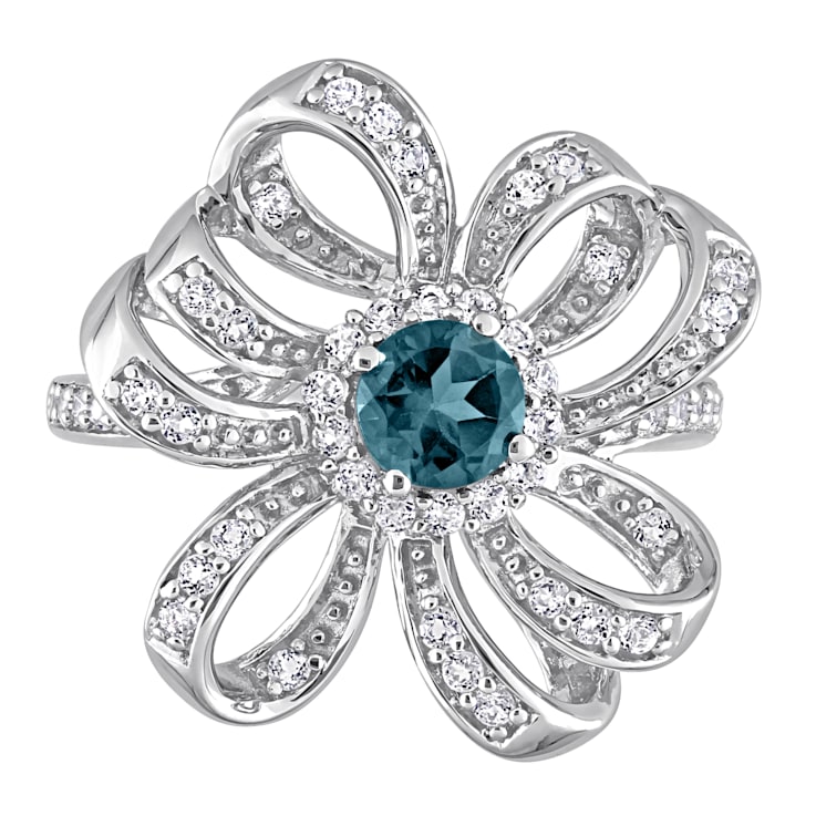 1 CT TGW London Blue and White Topaz Flower Cocktail Ring in Sterling Silver