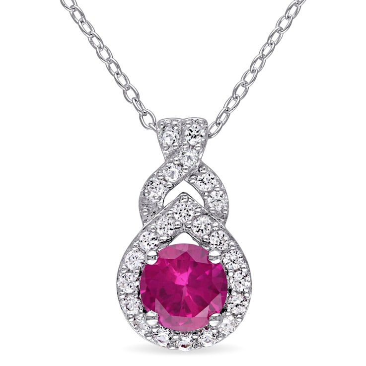 1 4/5 CT TGW  Created White Sapphire and Created Ruby Halo Pendant with
Chain in Sterling Silver