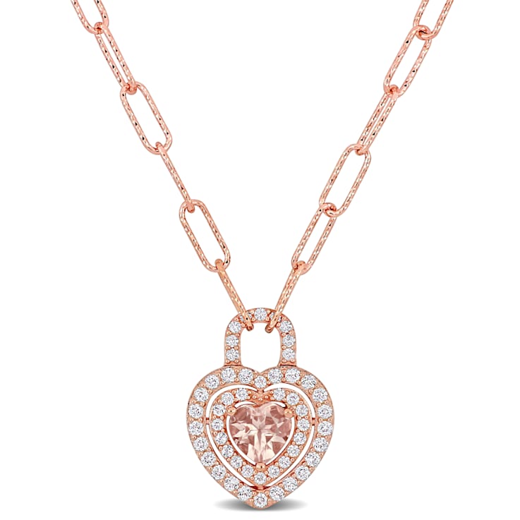 1 5/8 CT TGW Morganite and White Topaz Halo Heart Pendant in 18k Rose
Gold Plated Sterling Silver