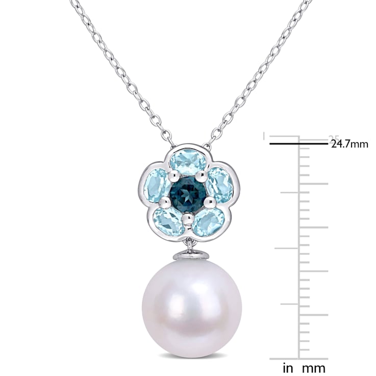 11-12MM Freshwater Cultured Pearl and 1 3/5 CT TGW Blue Topaz Pendant in
Sterling Silver