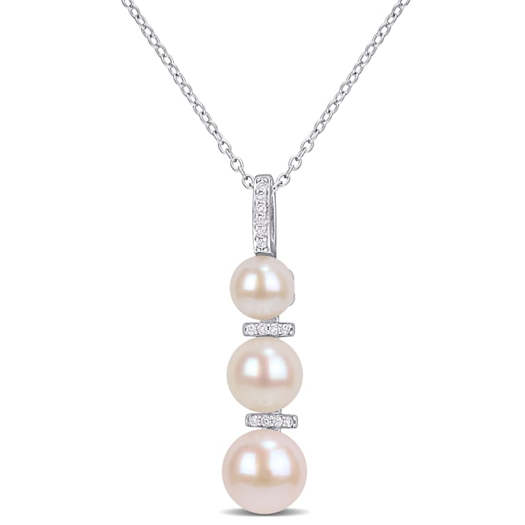 6-8.5MM Freshwater Cultured Pearl and Diamond Drop Pendant with Chain in
Sterling Silver