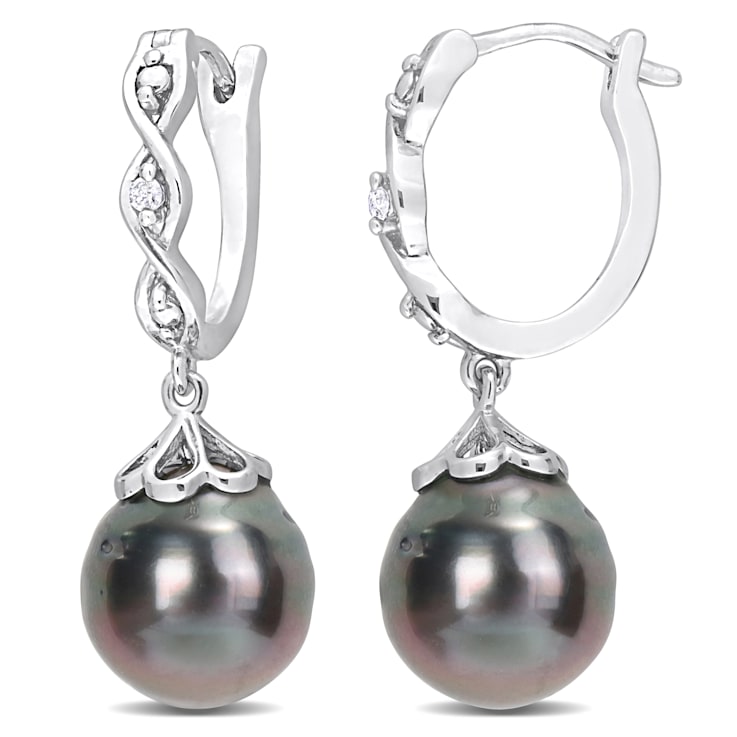 8-9MM Black Tahitian Cultured Pearl and Diamond Accent Infinity Huggie
Earrings in Sterling Silver
