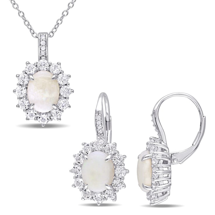 2-Pcs Set of 5 7/8 CT TGW Opal and Diamond Halo Leverback Earrings and
Pendant in Sterling Silver