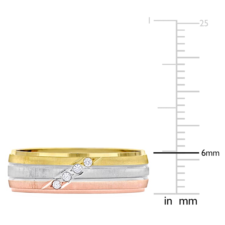 Men's  6mm Cubic Zirconia Matte Three Row Wedding Band in 10K 3-Tone Gold