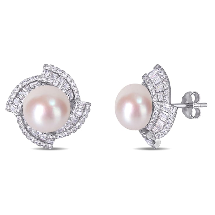 9.5-10MM Cultured Pearl and 2 1/8 ctw Cubic Zirconia Stud Earrings in
Sterling Silver