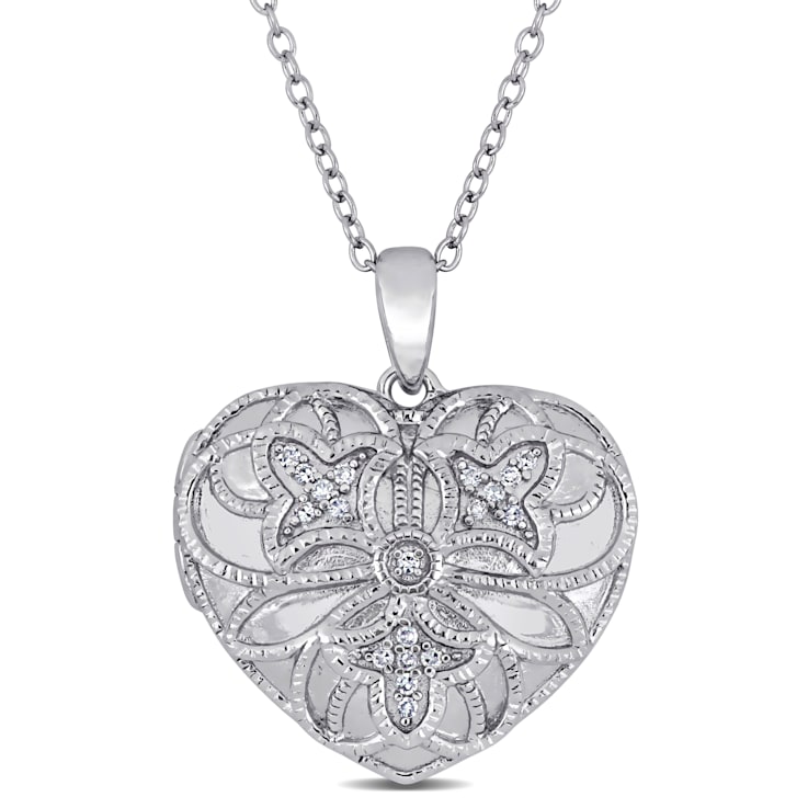 Diamond Accent Embossed Vintage Filigree Heart Locket Pendant with Chain
in Sterling Silver