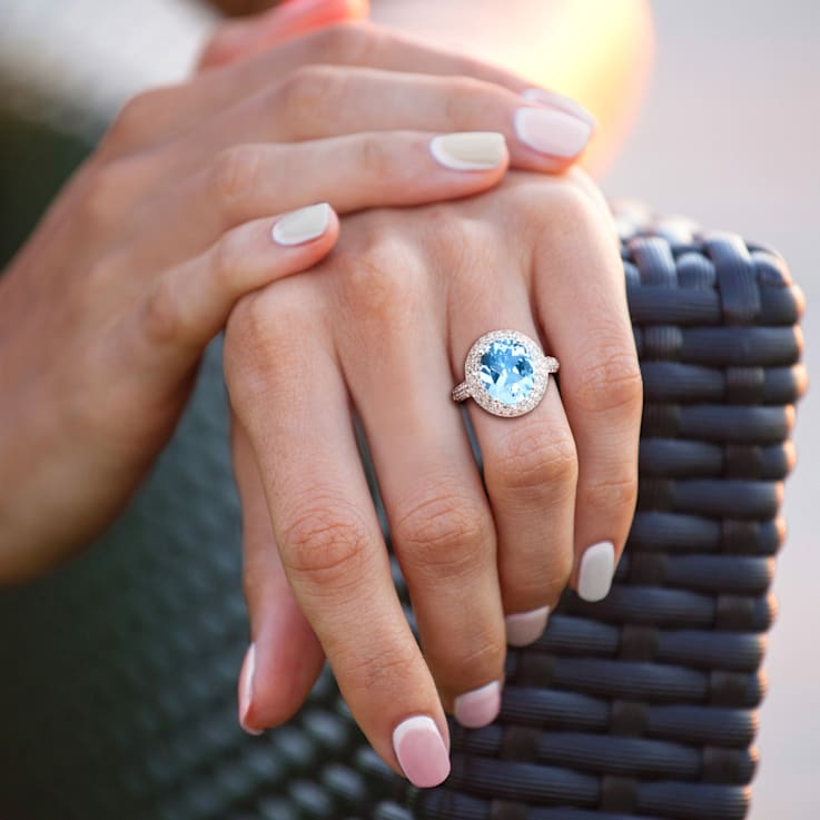 7 CT TGW Sky Blue Topaz and White Topaz Double Halo Ring in Sterling Silver