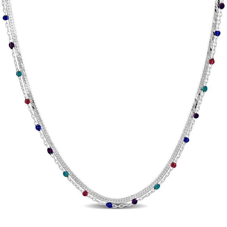 Multi-Color Bead Double Strand Herringbone Necklace in Sterling Silver