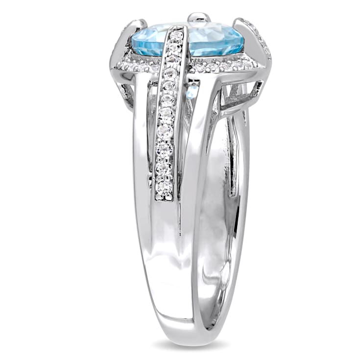 3 3/4 CT TGW Sky Blue and White Topaz Halo Split Ring in Sterling Silver
