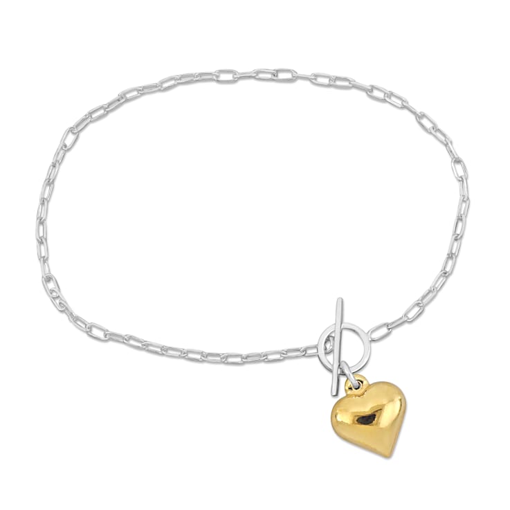 Heart Charm Bracelet in 2-Tone White and Yellow Plated Sterling Silver