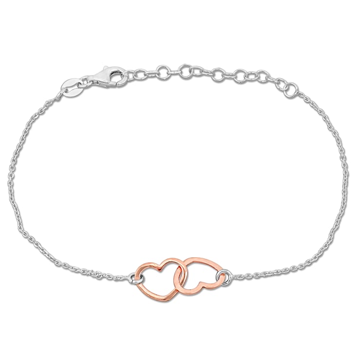 Double Heart Charm Chain Bracelet in 2-Tone White and Rose Plated
Sterling Silver