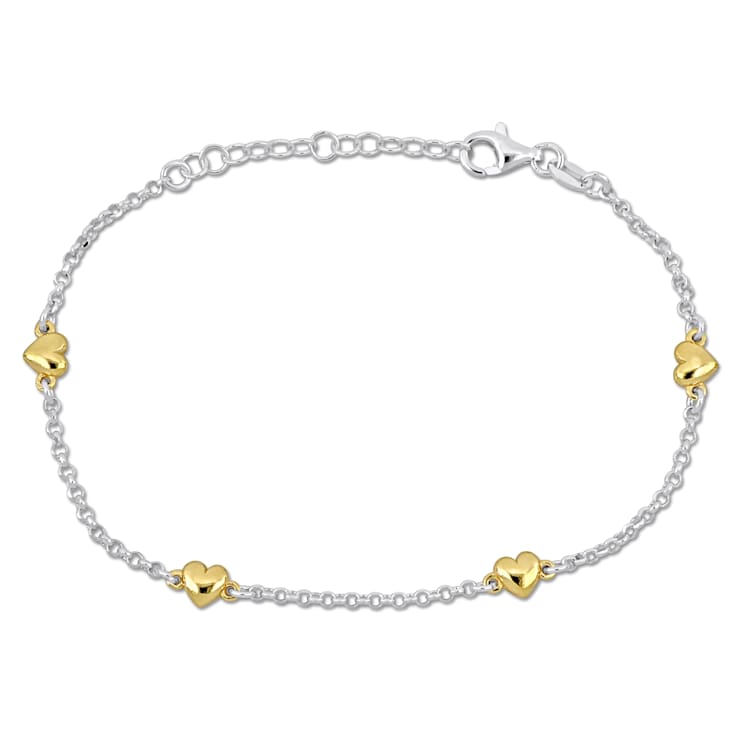 Heart Charm Station Bracelet in 2-Tone White and Yellow Plated Sterling Silver