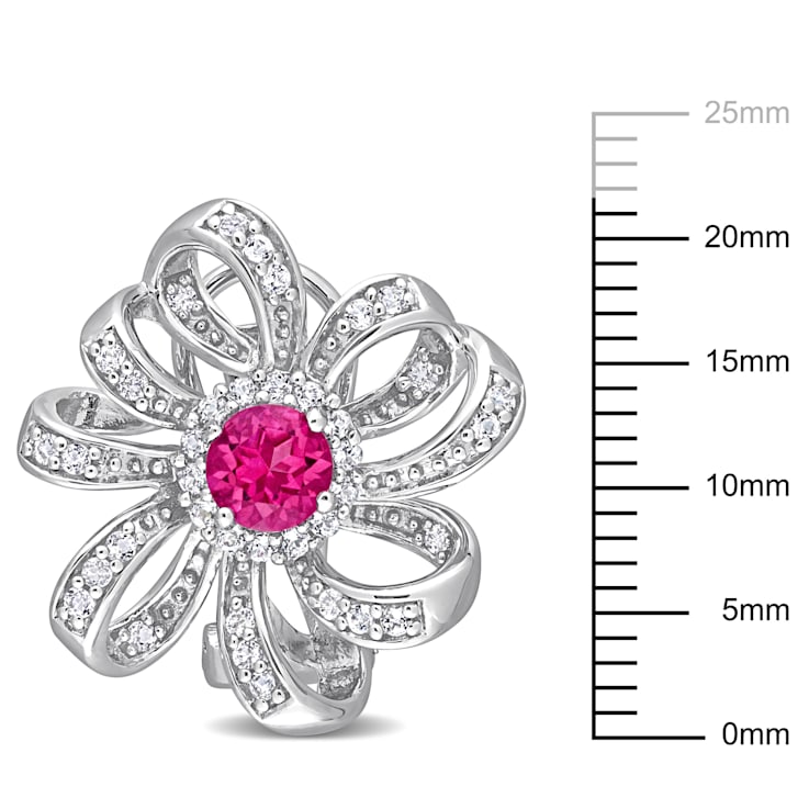 2 CT TGW Pink Sapphire and White Topaz Flower Earrings in Sterling Silver