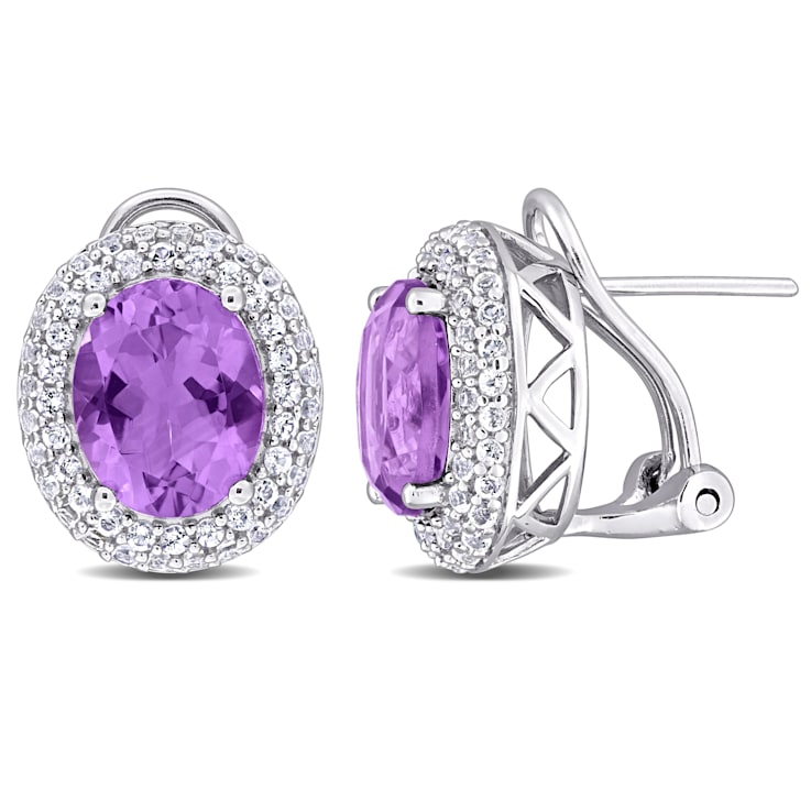 5 2/5 CT TGW Amethyst And White Topaz Double Halo Earrings in Sterling Silver