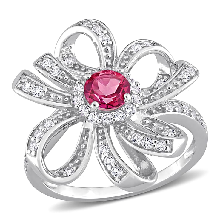 1 1/10 CT TGW Pink Topaz and White Topaz Flower Cocktail Ring in
Sterling Silver